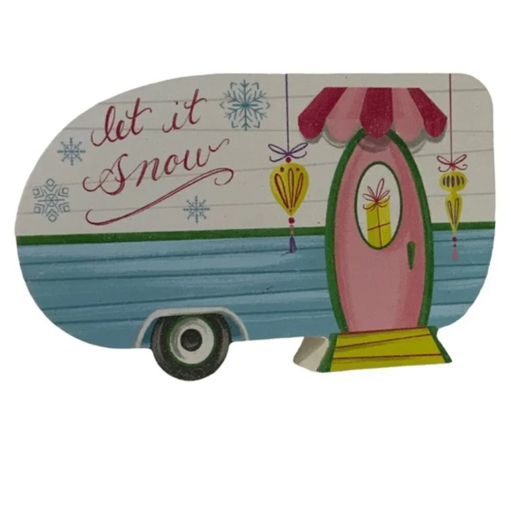 Christmas Camper Table Decor Wood Block Decoration Let it Snow Tropical